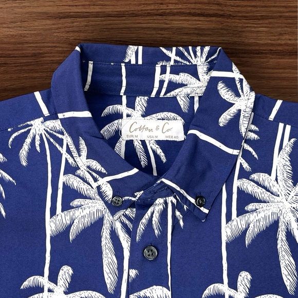 Cotton & Co. Men’s Navy Blue Tropical Palm Tree Shirt. Size Medium - Picture 4 of 7